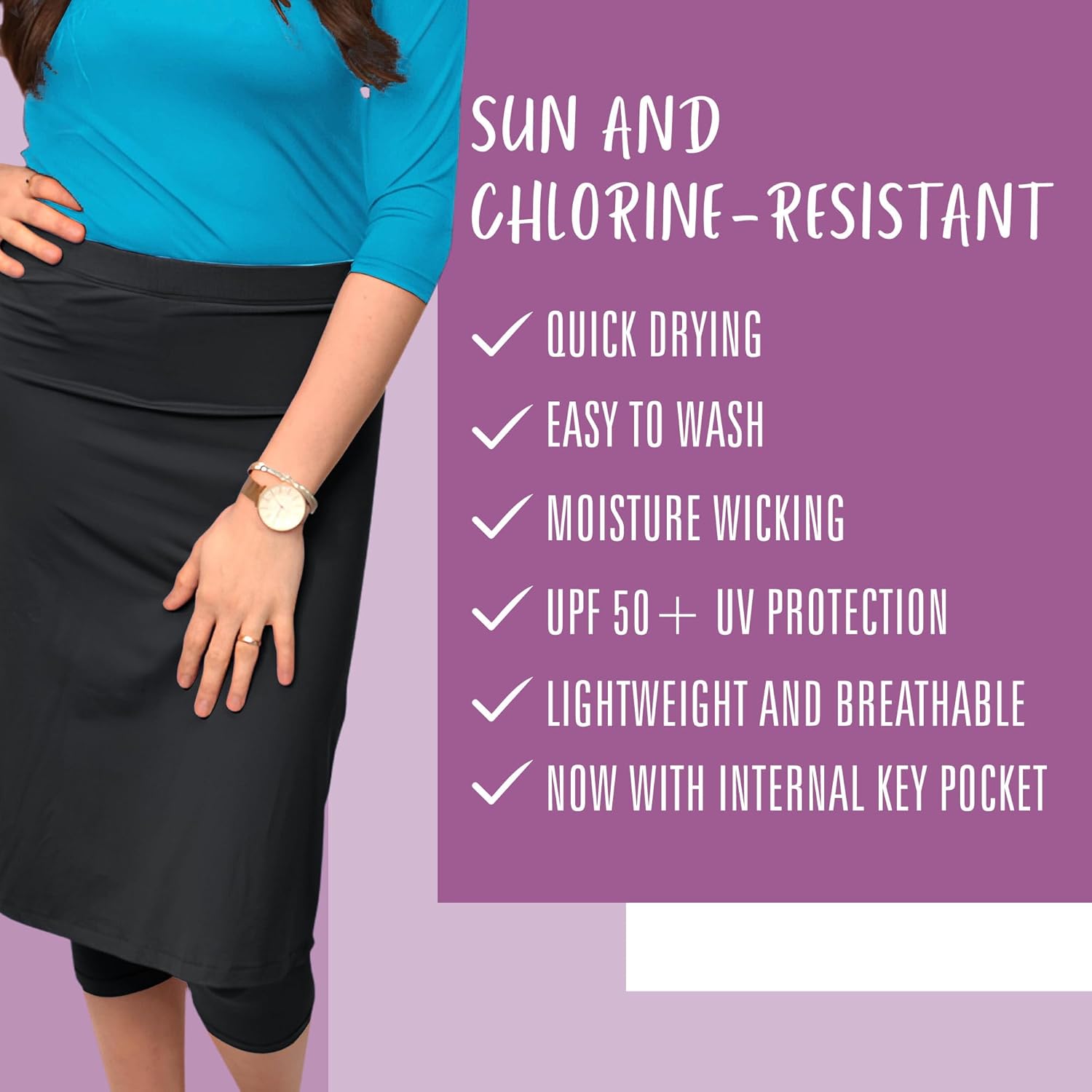 Kosher Casual Athletic Skirt with Leggings, Long Midi Length Sports & Swim Skirt