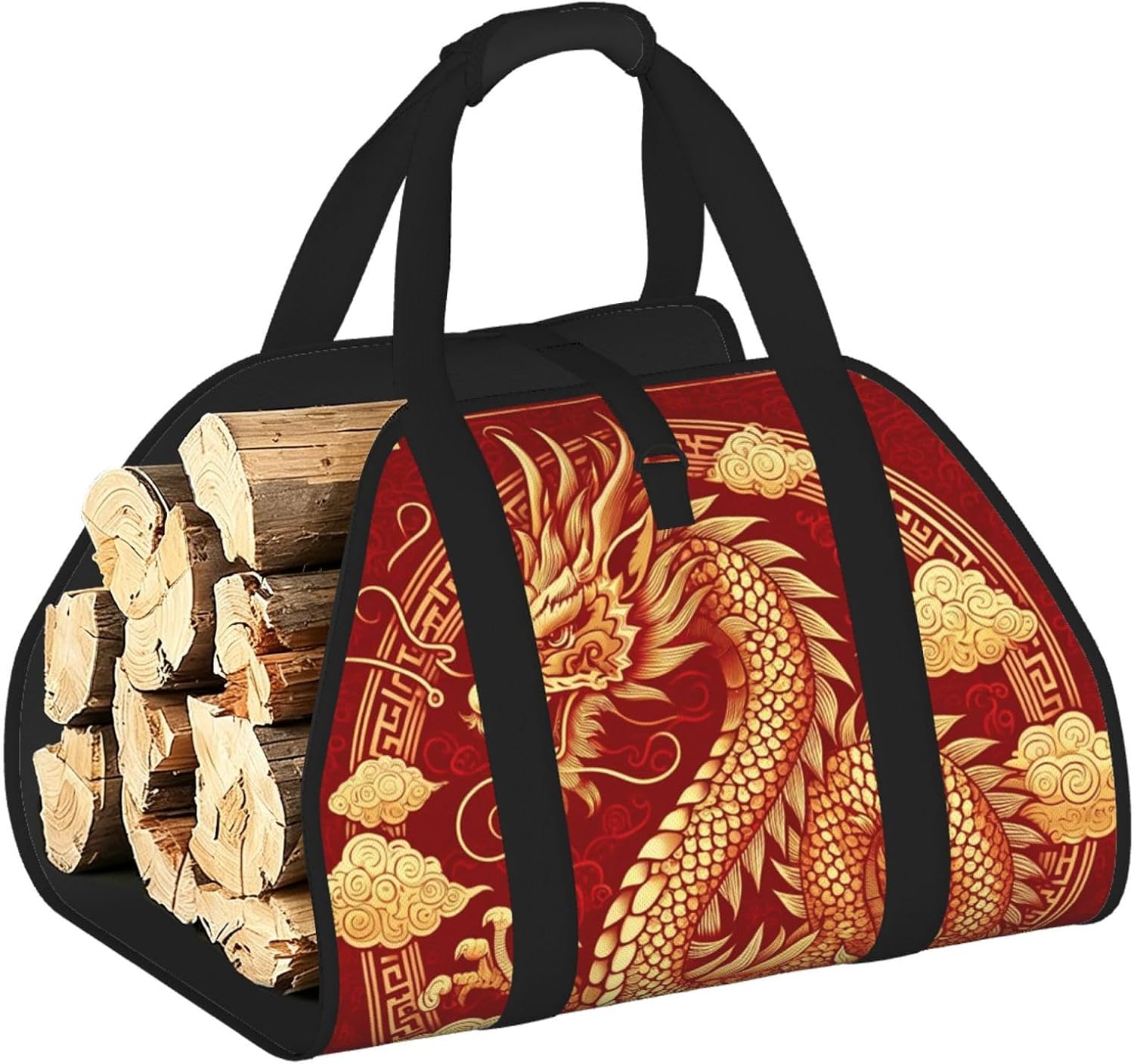 Augenstern Large Asian-Dragon-Fire-Golden Firewood Carrier Bag, 600d Oxford Cloth Log Tote with Reinforced Handles, Open-End Wood Hauling Bag for Fireplace, Wood Stove, Camping and Outdoor Storage