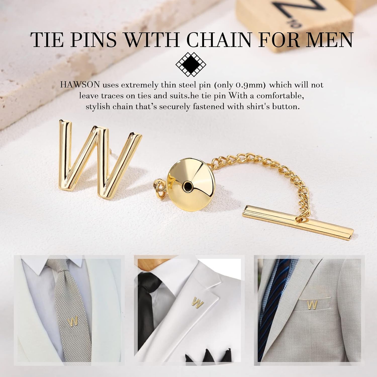 HAWSON Cufflinks for Men, Tie Clips for Boys, Tie Pin for Men, Gold Color Jewelry Set, Boxed Gift Packing, Initial Letter Jewelry for Him