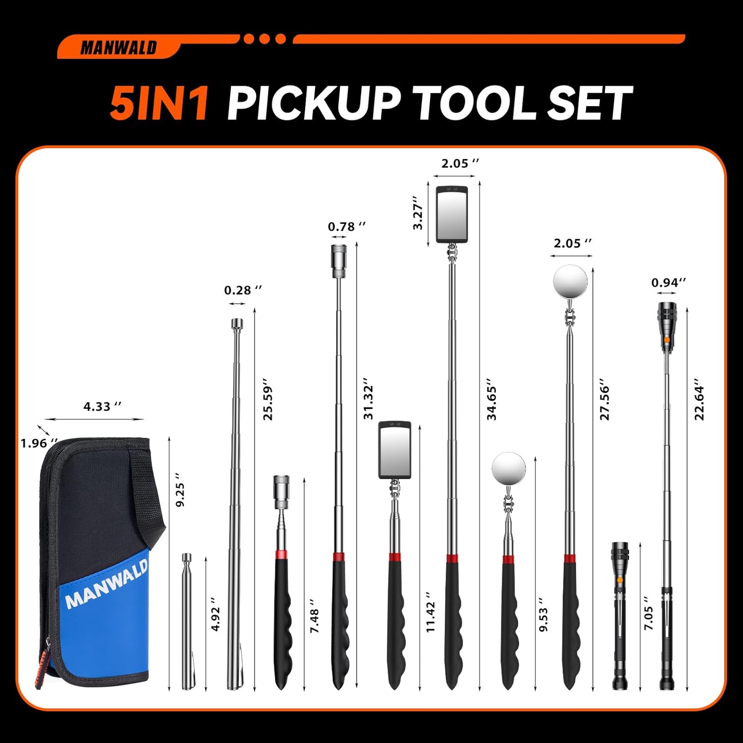 Telescoping Magnetic Pickup Tool Set with Portable Bag, Extendable Flashlight with 360° Inspection Mirror, Birthday Day Gifts for Him Adults, Gifts for Men Mechanics, and Handymen, Blue