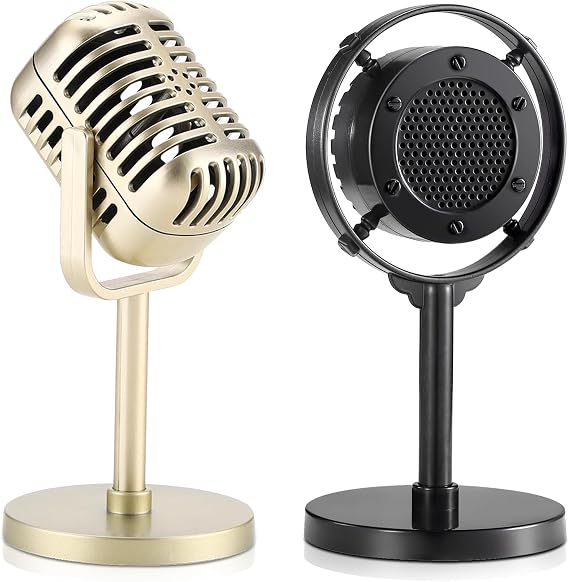 Facmogu Retro Microphone Props Model, Ancient Fake Plastic Mic from 1930s - 1940s, Vintage Retro Microphone Props for Holiday Party Shooting with Stand(Gold & Black)