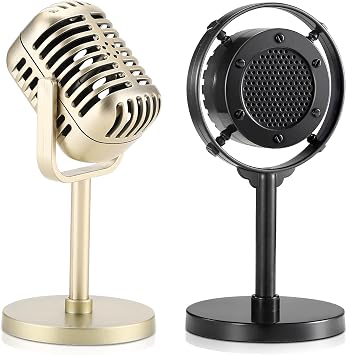Facmogu Retro Microphone Props Model, Ancient Fake Plastic Mic from 1930s - 1940s, Vintage Retro Microphone Props for Holiday Party Shooting with Stand(Gold & Black)