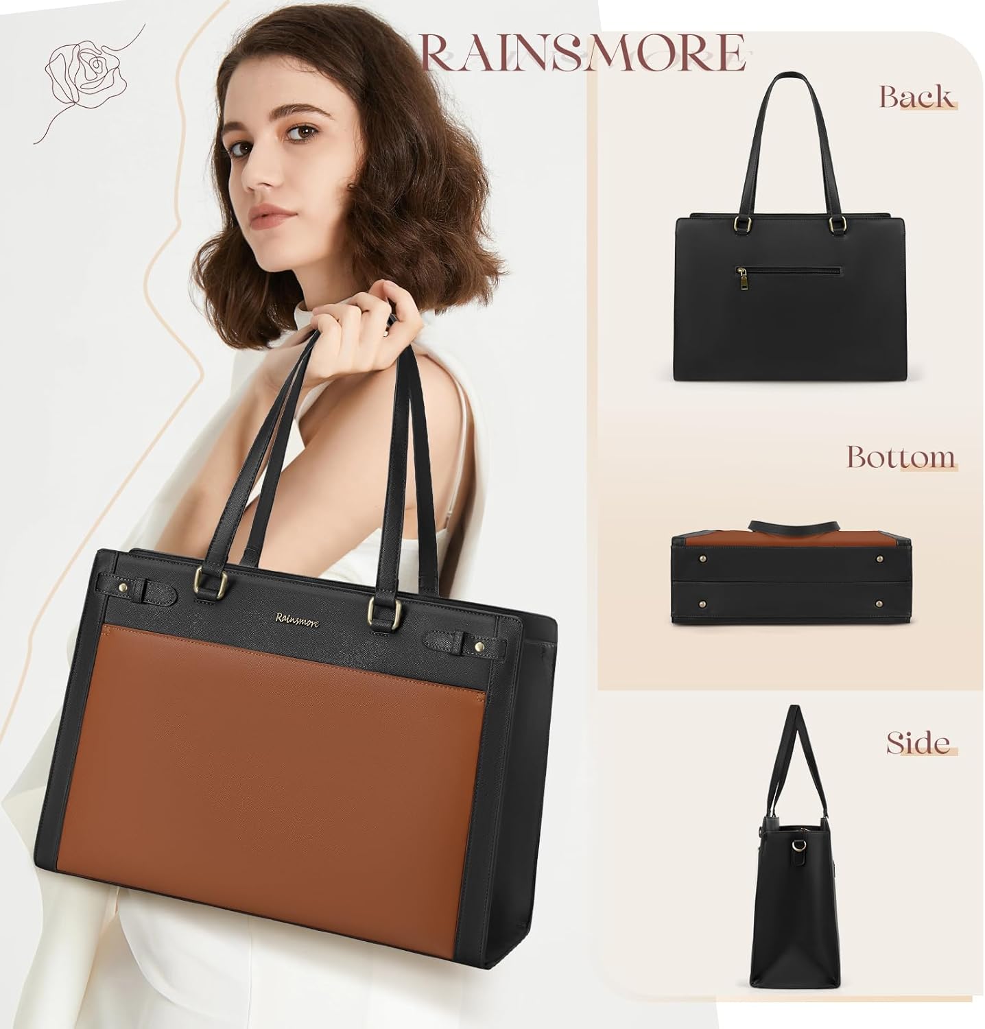 RAINSMORE Laptop Bag for Women 15.6 Inch PU Vegan Leather Work Tote Bag Waterproof Womens Briefcase Designer Computer Bags for Office Teacher College Travel Large Tote Purse Professional Black & Brown - Image 5