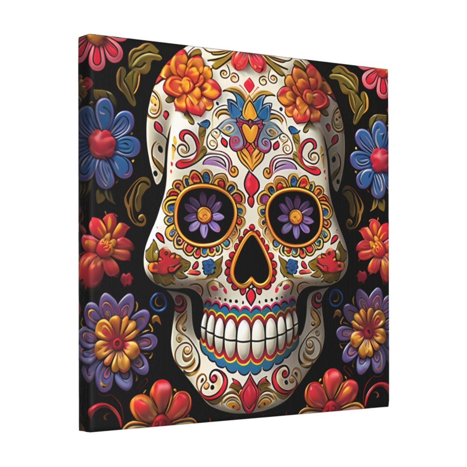 KLOPH Sugar Skulls Canvas Wall Art for Living Room 16"x16" Modern Artwork Painting for Bathroom Hanging Canvas Prints Aesthetic Wallart for Bedroom Kitchen Office Wall Decor
