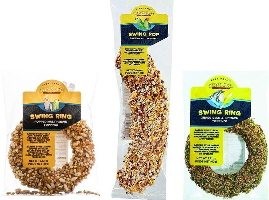 Sunseed Cockatiel, Lovebird, Parakeet and Conure Treats 3 Flavor Variety Bundle (1) Each: Swing Ring Grass Seed Spinach, Swing Pop…