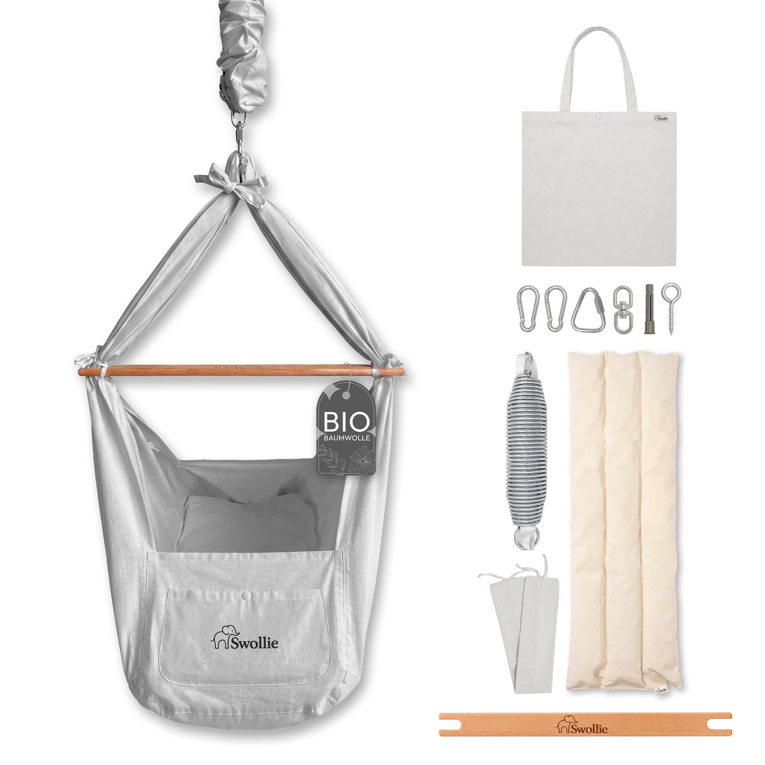 Premium Federwiege Grau - Bio-Baumwolle - für Babys ab Geburt bis 15 Kg - Schafwollmatratze -geborgener Babyschlaf - ergonomische Liegefläche