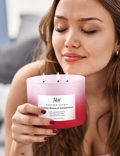 Miniatura 3 de Vela perfumada grande de lichi y guayaba y sándalo, velas de soja naturales de 3 mechas para el hogar, 15.8 onzas, vela calmante de aromaterapia,