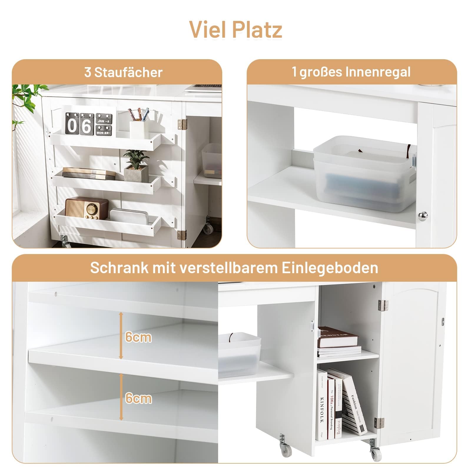 COSTWAY 2 in 1 Nähtisch Nähschrank klappbar, Nähmaschinentisch mit Arbeitsplatte, Ablagen & Türschrank, Mobiler Schreibtisch mit abschließbaren Rollen, Basteltisch Nähmöbel, 158x50x75cm (Weiß)