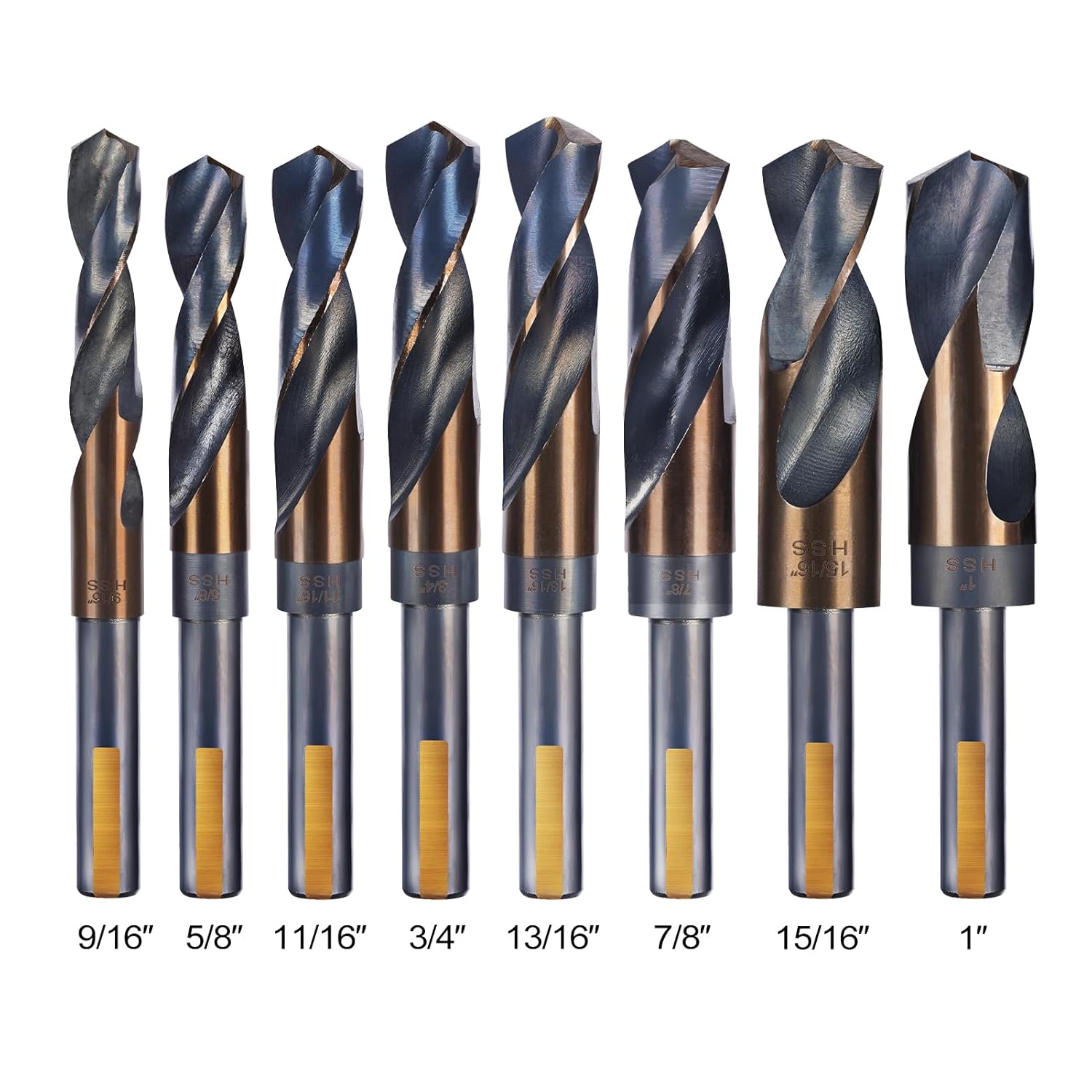 Reduced Shank Drill Bits Set, 8 Pcs Silver and Deming Large Drill Bit Set with Aluminum Index Case, M2 Black and Gold Finish HSS, 135-Degree Split Point for Smooth Drilling, 9/16” - 1”
