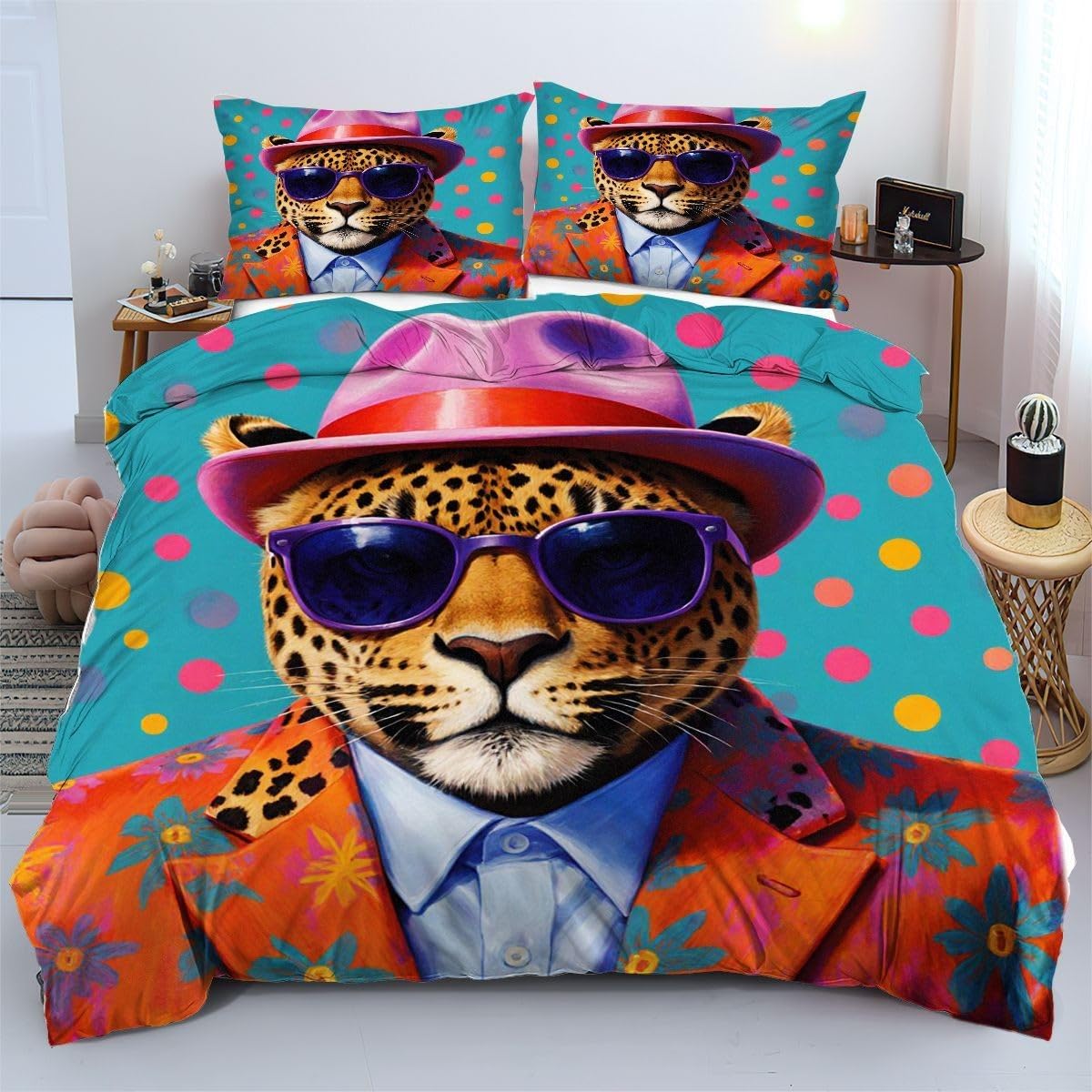 Housse de couette 240x260 léopard coloré parures de lit microfibre