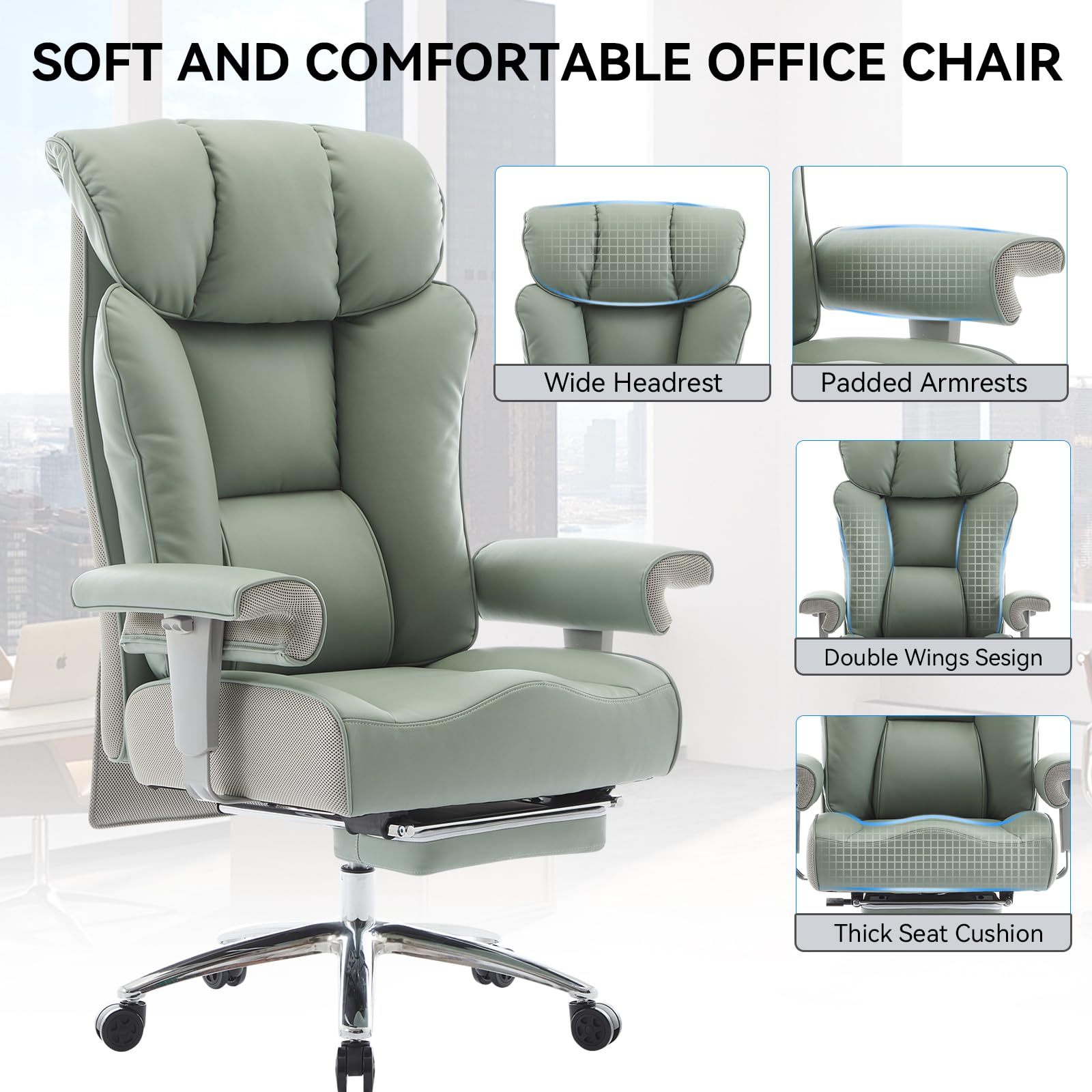 Efomao Big and Tall Green Office Chair 450LBS Ergonomic High-Back Executive Chair with Footrest Adjustable Padded Armrests PU — view 6