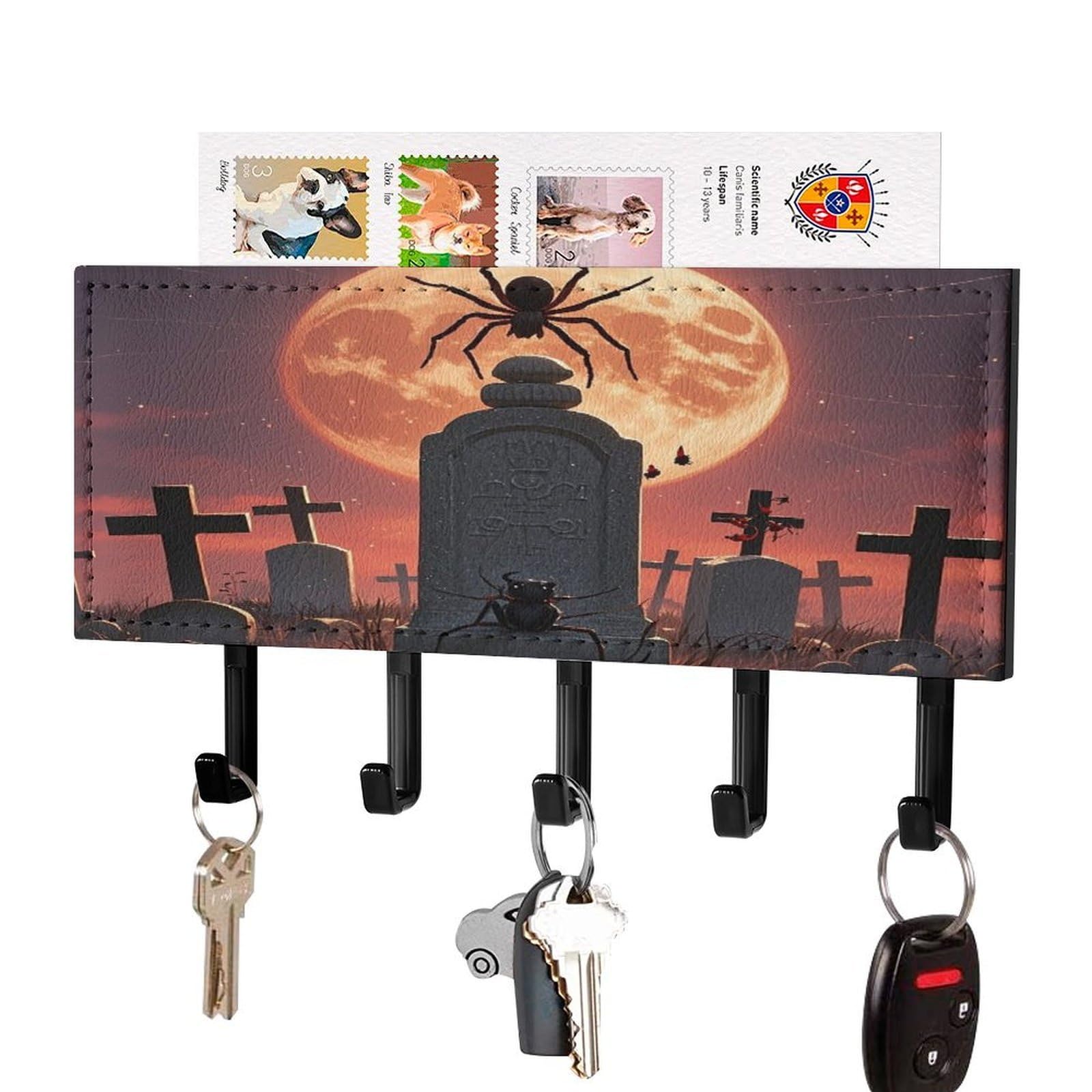 FekiLoot Spider Graveyard Key Holder Wall Mount Key Hooks for Wall Decorative with 5 Hooks PU Mail Rack Organizer with Shelf for Entryway Mudroom Hallway Office 7.1X4.3 in