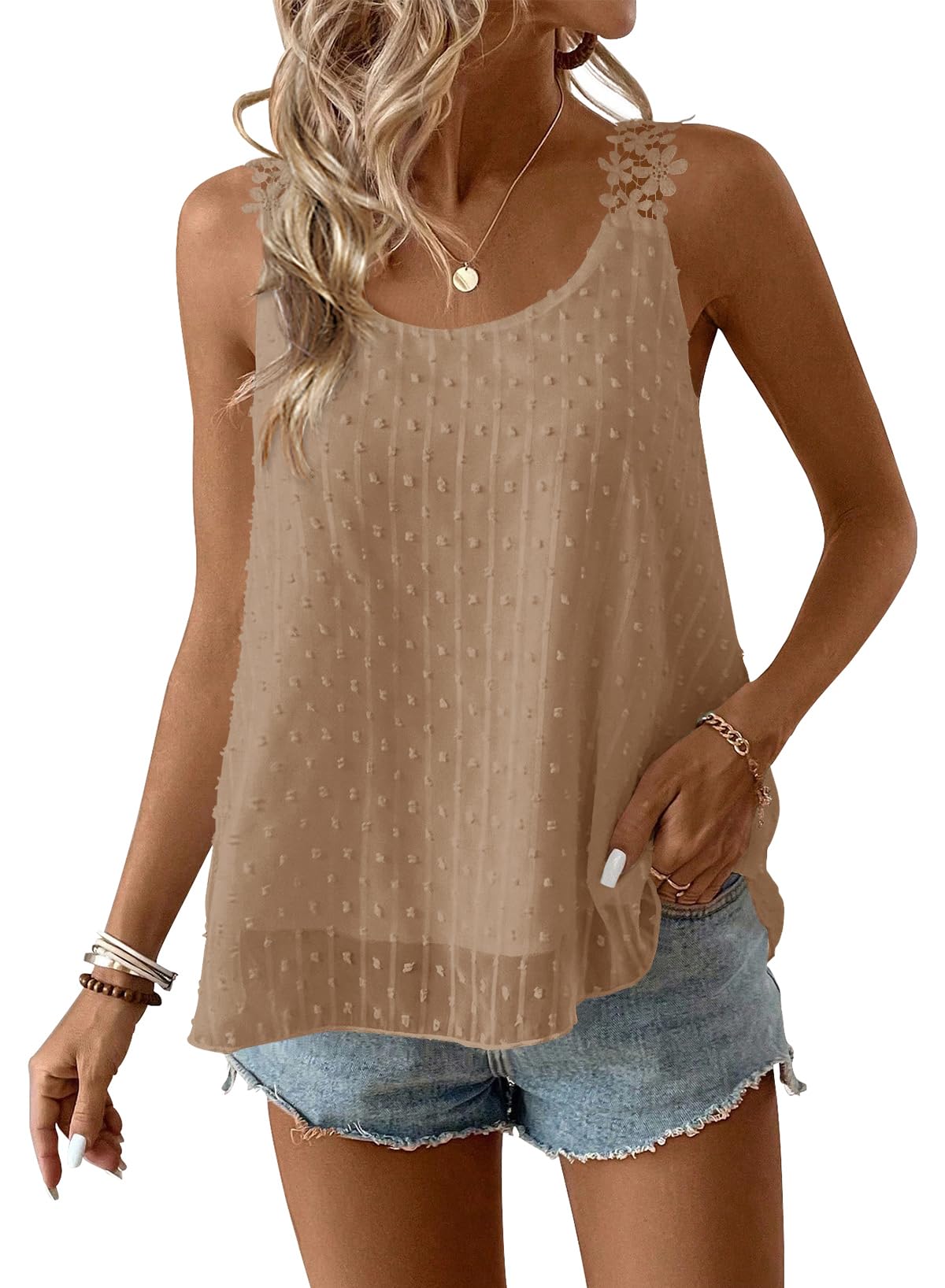 TUUHAW Tank Top Damen Ärmellose Bluse Boho Oberteile Rundhals Camisole | Elegant Blumen T Shirt, Spaghetti Top Damen, Swiss Dot, Süß Lässig Westen, Basic für Alltag, Büro und Freizeit, Ausgehen