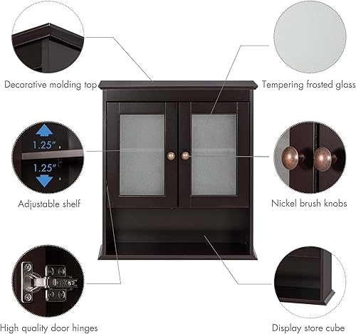 Miniatura 5 de Spirich Armario de pared de baño con puertas de vidrio, pequeño gabinete colgante para medicina montado en la pared, organizador de almacenamiento