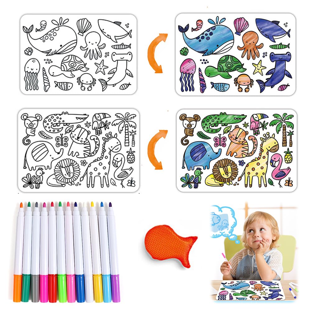 Lot de 2 sets de table à colorier en silicone pour enfants avec 12 marqueurs, 37 x 25 cm, lavables et réutilisables pour loisirs créatifs