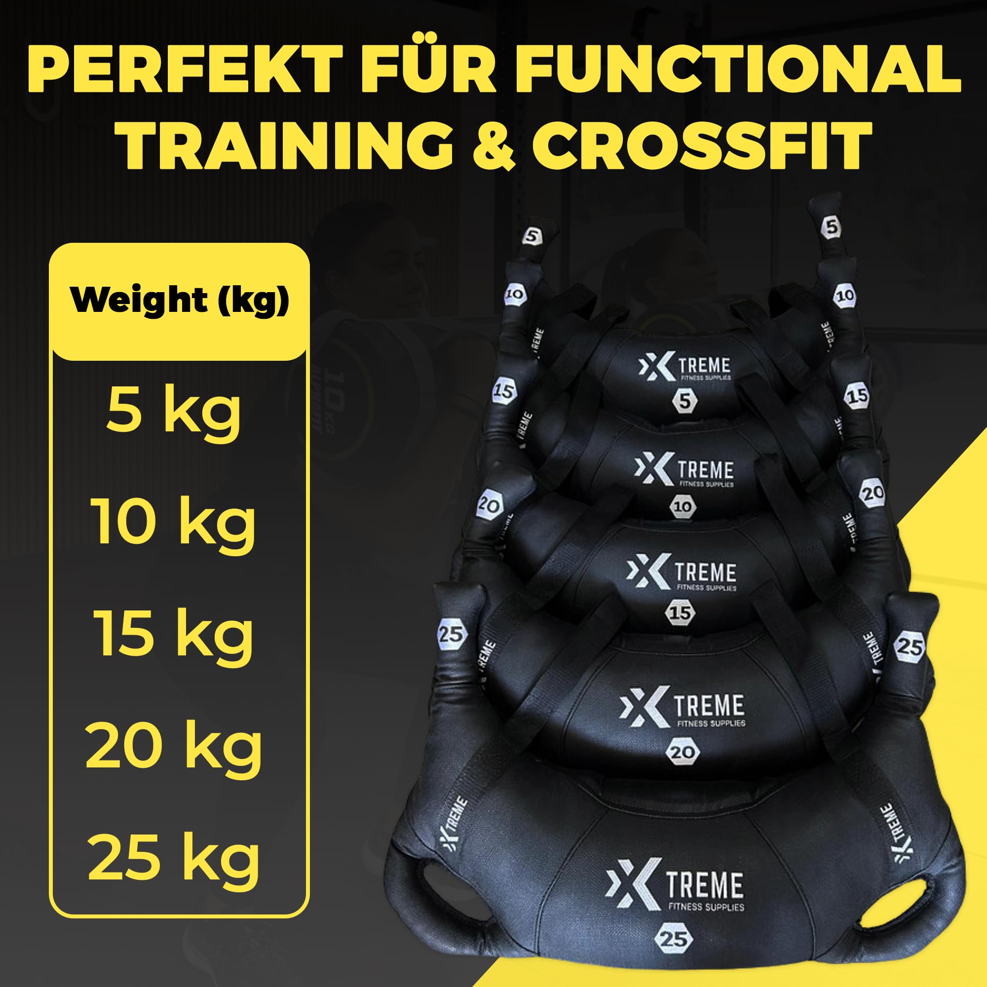Bulgarian Bag 5-25Kg, Robuster PU Gewichtssack mit Multi-Griffen, Gewichte 5–25 kg, Vielseitiges Sports Bag für Kraft, Stabilität, Crossfit & Fitnessstudio