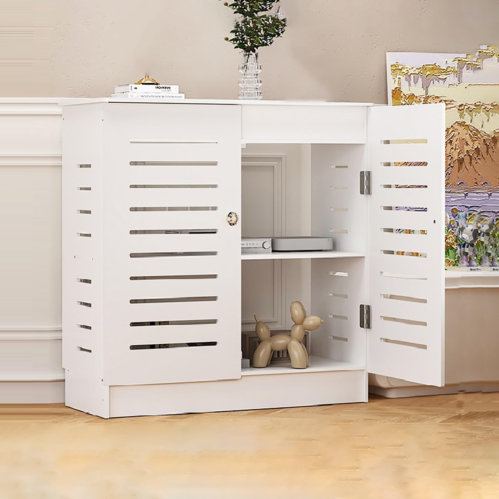 BAYTEWJX Floor Standing Router Storage Box Louvred WiFi Router Storage Cabinet with Doors and Shelves for Living Room Bedroom Hallway.(50x70x30cm)