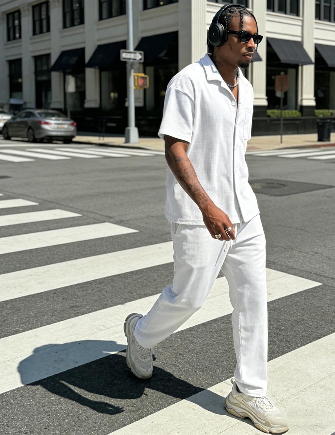 UOUA Mens Summer 2 Piece Set Casual Outfits Button Short Sleeve Shirt & Loose Pants Textured Striped Tracksuit Walking Suits