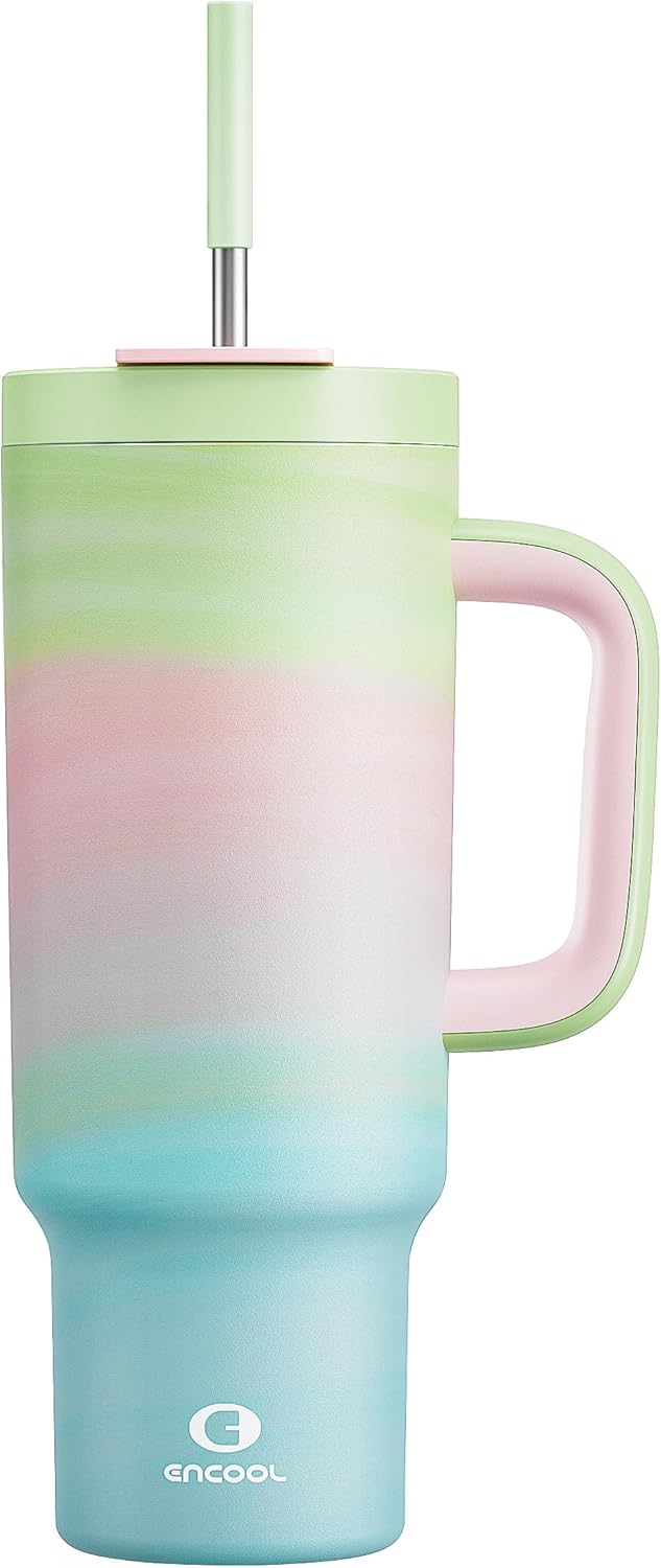 ENCOOL 40 oz Tumbler with Handle and Straw: Stainless Steel Insulated Tumbler Keeps Cold for 24 Hours, Leakproof Travel Cup Fits in Cup Holder and BPA-Free, Fairy