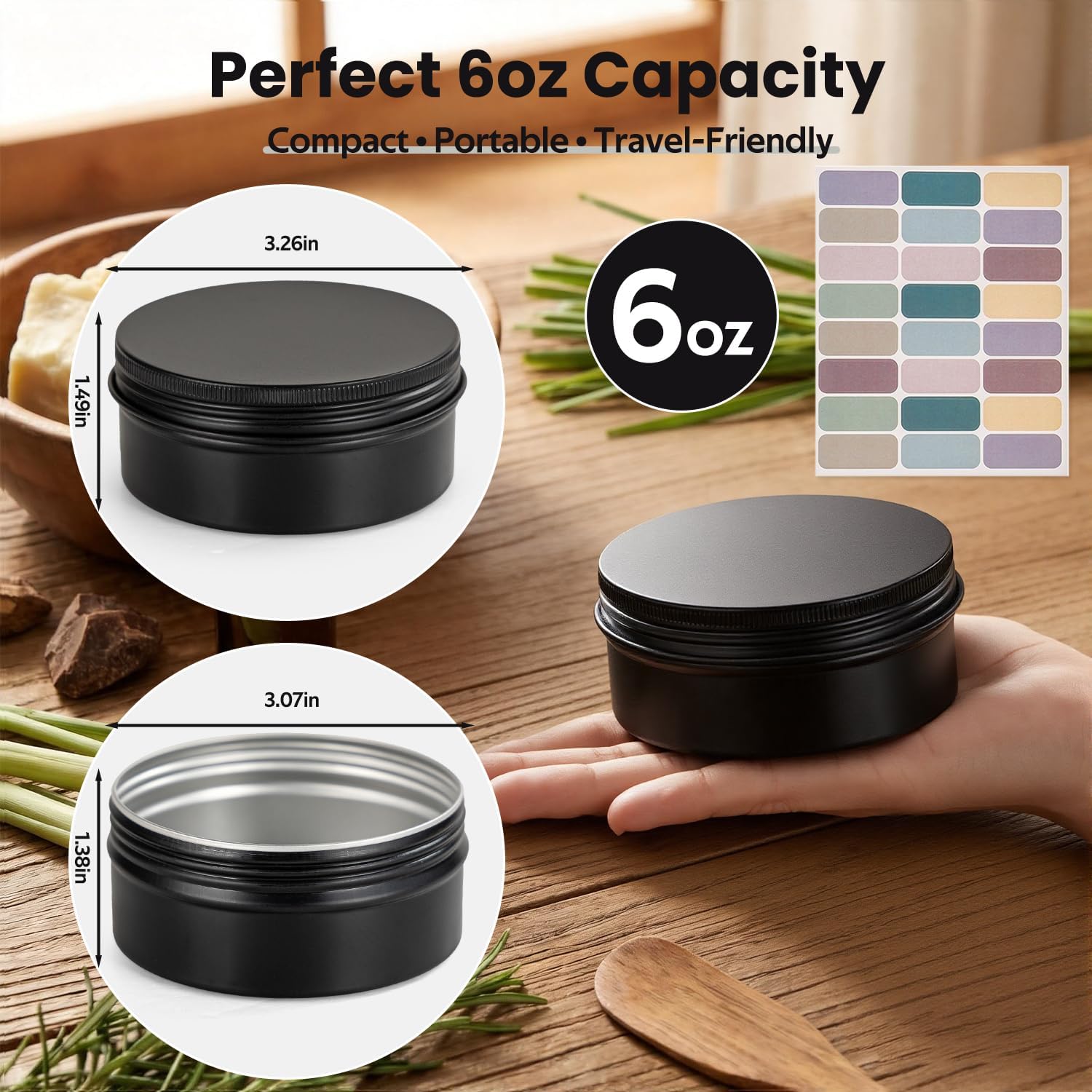 6oz Metal Tins with Lids 24 Pack, Aluminum Salve Tins with Lids Round 6 oz Containers, Leak Proof, Screw Top, Refillable Empty Tin Can for Salves, Balm, Creams, DIY Crafts, Travel Storage, Black