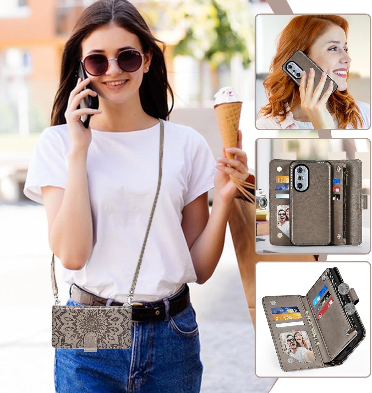 Phone Case for Motorola Edge+ Plus 2022/Edge X30/30 Pro Zipper Wallet Magnetic Detachable Cell Cover with Screen Protector Crossbody Lanyard Strap Flip Card Holder Slot Moto Edge + 5G UW Gray