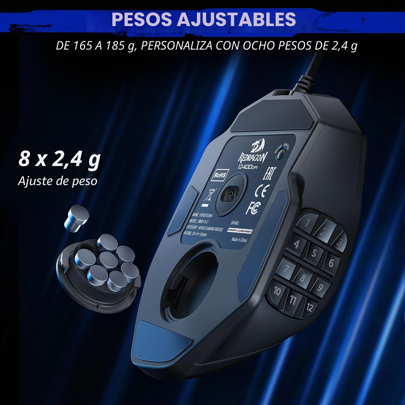 Redragon - mouse para juegos, MMO Mouse Gaming UP 12400 DPI, 19 botones programables macro, mouse RGB con 12 botones laterales, 8 ajustes de peso de 2,4 g para PC portátil MOBA FPS, M901K, negro