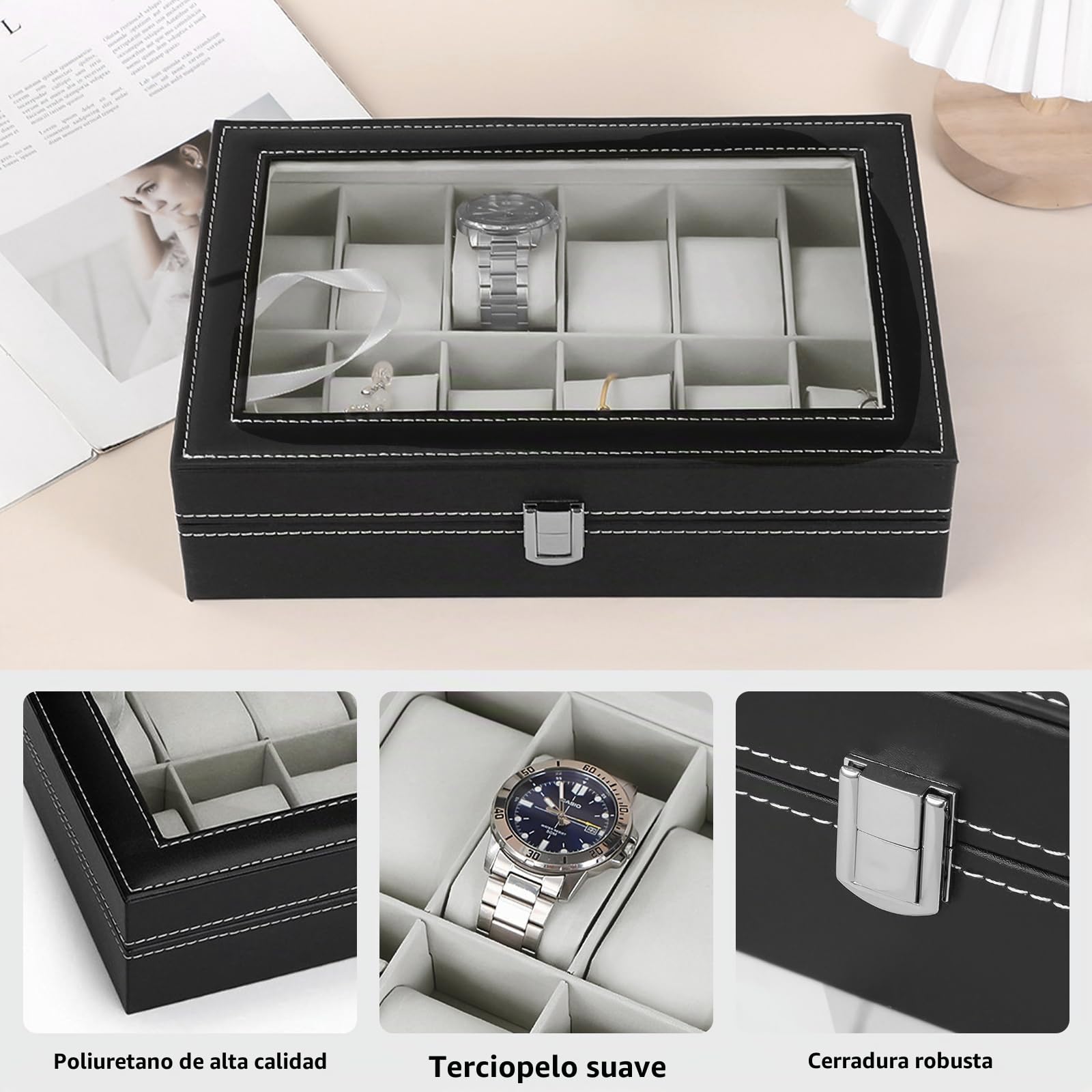 Caja para Relojes con 12 Compartimentos, Cristal y Cojín Extraíble