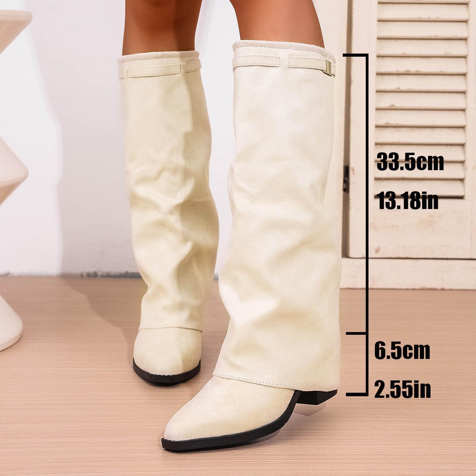 Generisch Overknees Stiefel Damen: Kniehohe Fold Over Boots Damenstiefel Weitschaftstiefel Slouchy Hohe Stiefeletten Overknee Stiefels Mit Absatz Retro Knee High Boot Langschaftstiefel