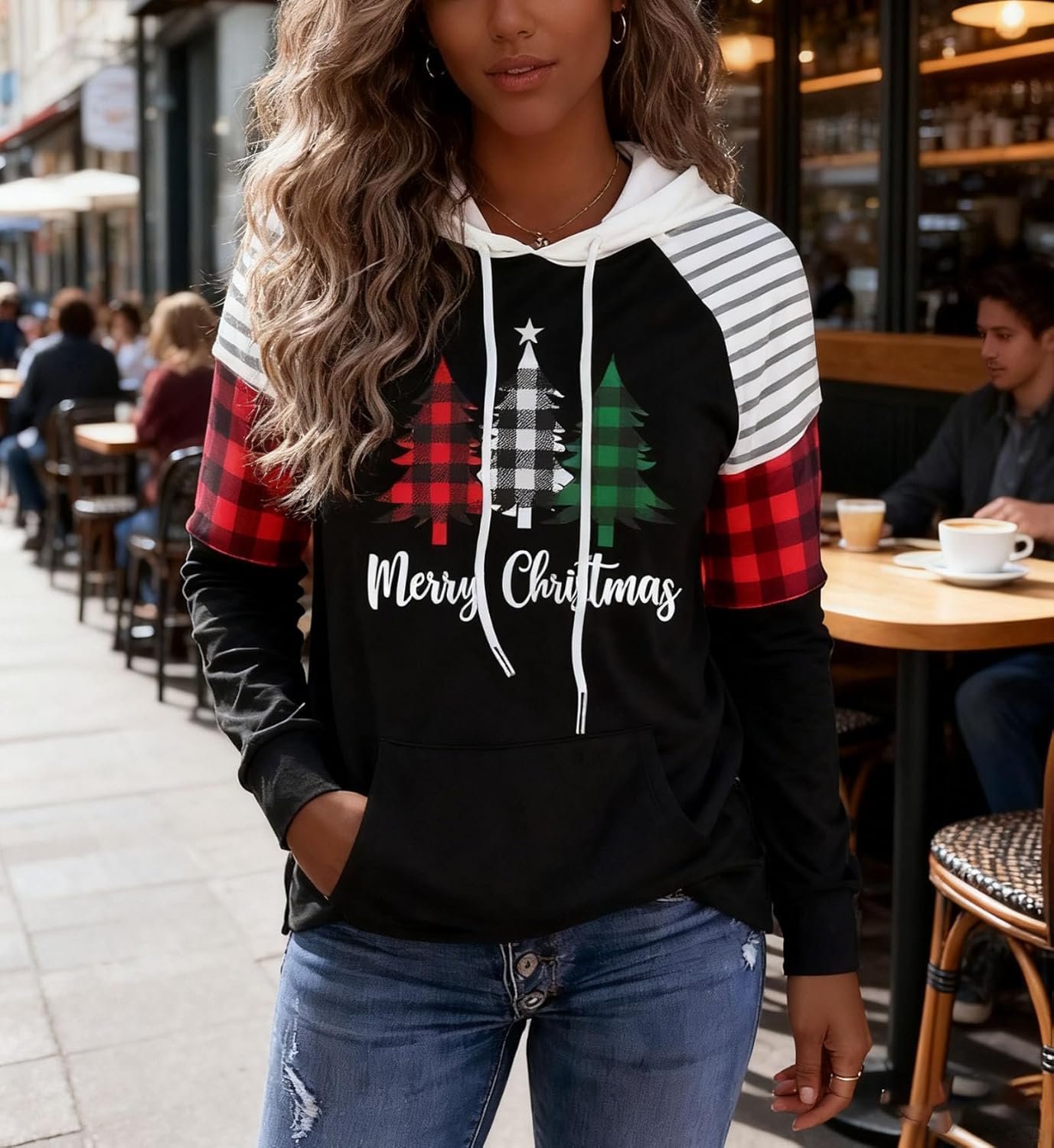LLHXRUI Merry Christmas Buffalo Plaid Tree Striped Splicing Hoodie Shirt Blouse for Women Christmas Color Block T Shirt Top - Image 3