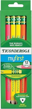 Ticonderoga My First Tri-Write Wood-Cased Pencils, Pre-Sharpened, 2 HB, With Erasers, Neon Colors, 12 Count