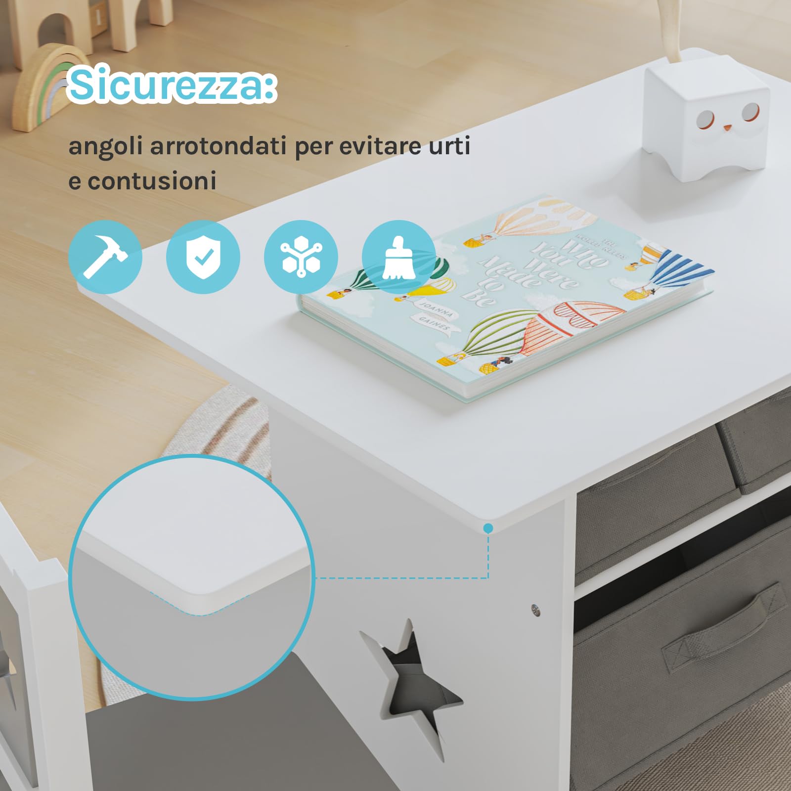 WOLTU Tavolo per Bambini, Scrivania, Tavolino | con Cassetti Tavolino con 2 Sedie in Legno