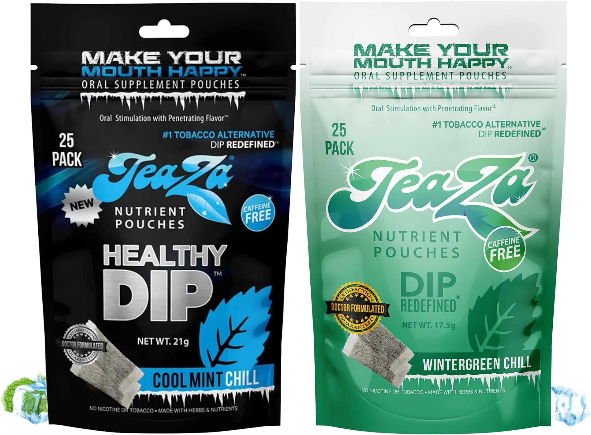 TeaZa Energy Pouches, Nicotine Free, Alternative Snuff Healthy Chewing, Minty Flavors Combo | 1 Wintergreen Chill & 1 Cool Mint Chill | 2 x 25 Pouch Packs