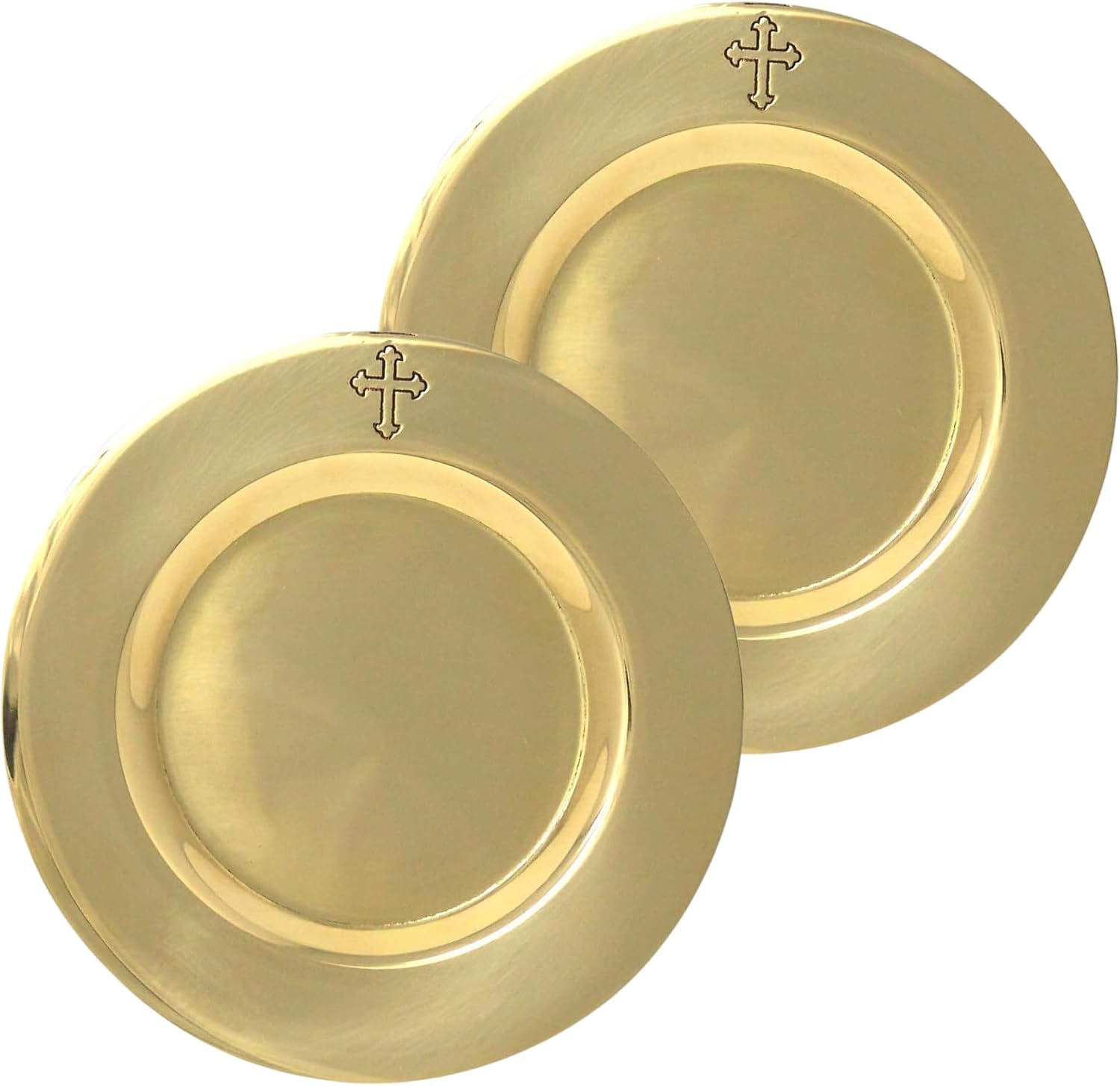 Needzo Polished Brass Communion Paten with Engraved Fleur De Lis Cross, 4.5 Inches (Set of 2)