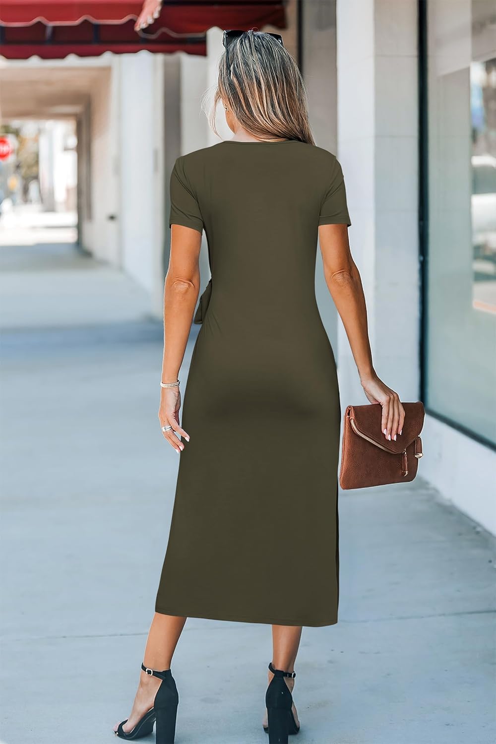 Newshows Women 2025 Summer Casual Dress Tie Waist T Shirt Short Sleeve Beach Crew Neck Slit Maxi Trendy - Image 5