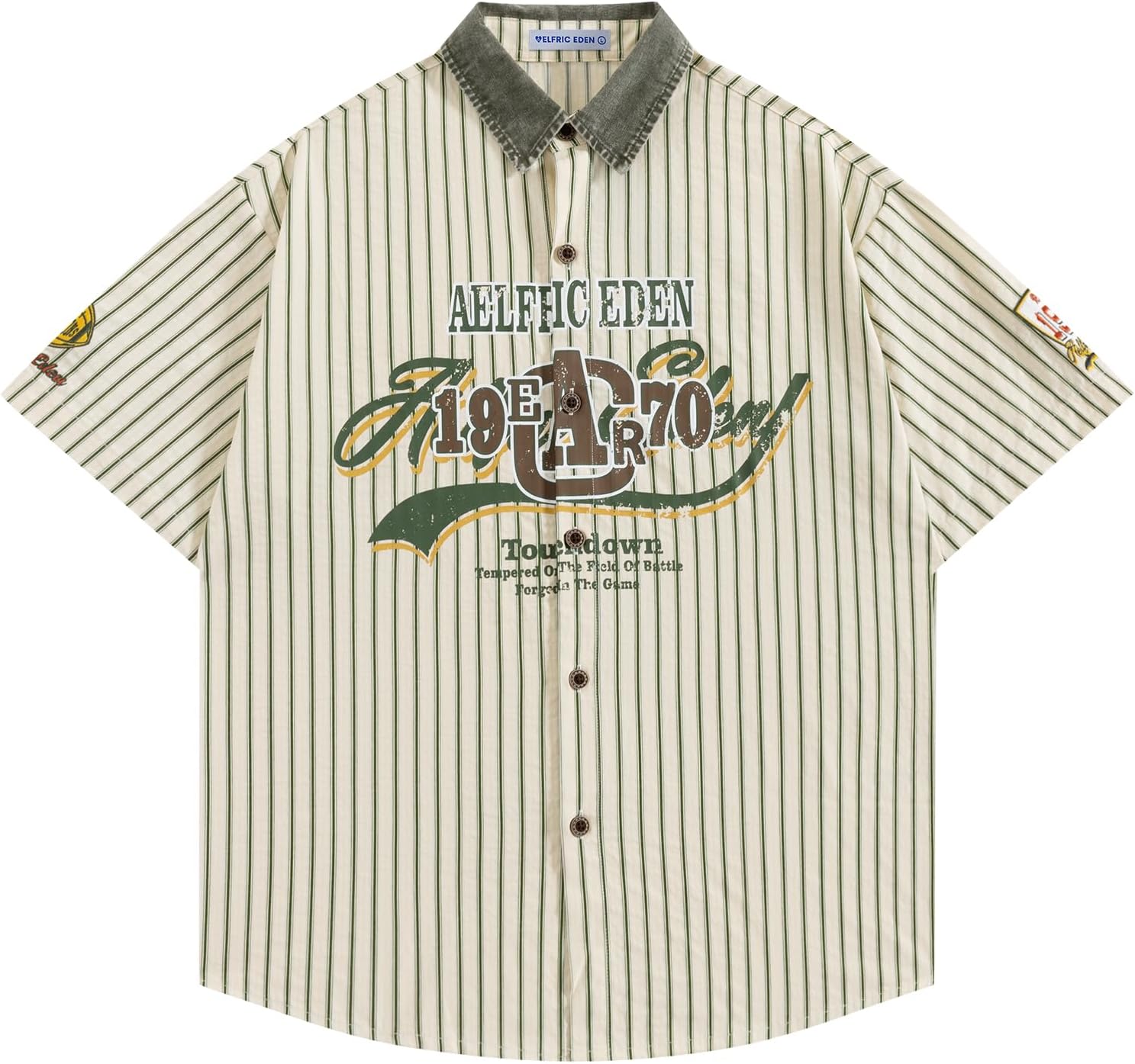 Aelfric Eden Men's Striped Denim Collar Shirts Short Sleeve Button Down Polo Shirt Vintage Casual Summer Beach Shirts Green Small