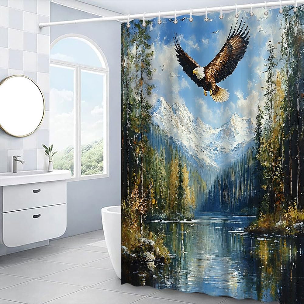 Eagle Shower Curtain Forest Mountains Lake Wild Animal Bird Nature Photography of Hills Jungle Wildlife Bath Decor Polyester Fabric Curtains 90X70 Inch