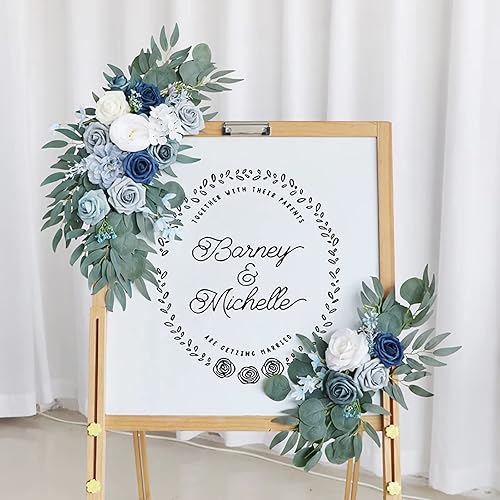Miniatura 3 de Emivery Paquete de 2 guirnaldas de flores de color azul polvoriento, arco de boda artificial, arreglos florales de esquina de seda, letrero de
