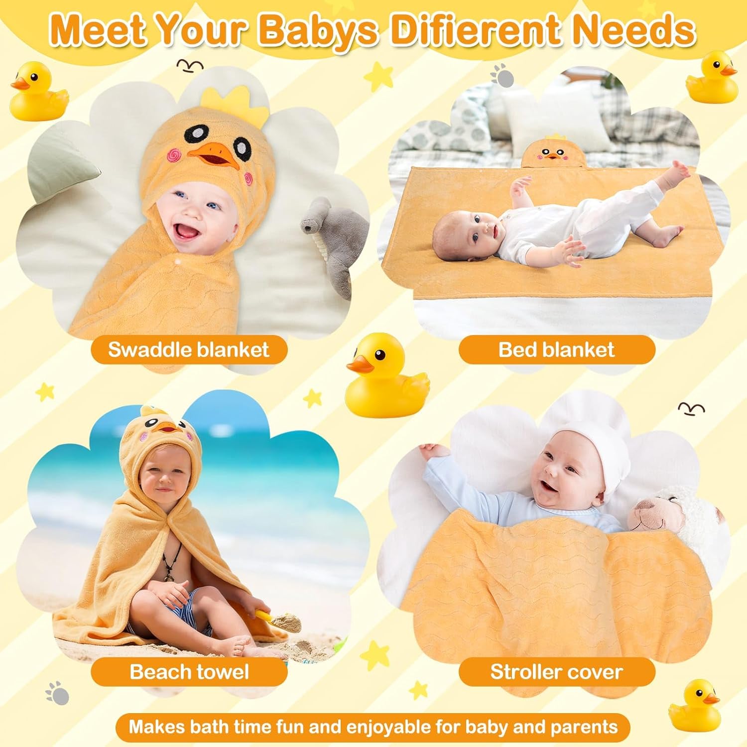4 Pcs Toddler Bath Towel Set, 1 Pc Toddler Hooded Towel & 3 Pcs Baby Washcloths, Large 27.5"X55" Hooded Towels Kids, Absorbent Soft Thick Toddler Towels for Boy Girl 0-5 Year (Yellow Duck) - Image 7