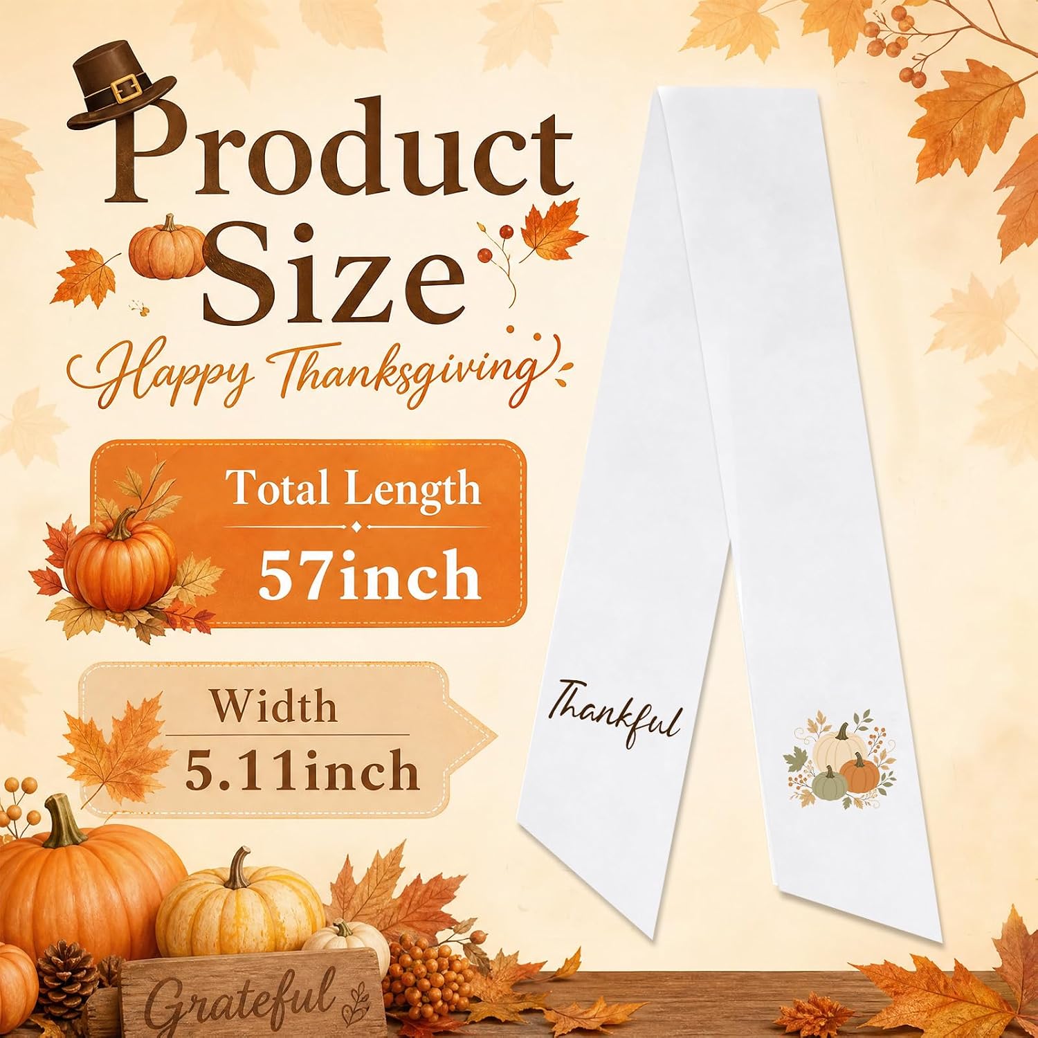 2 Pcs Embroidery Thankful Fall Wreath Sash for Front Door