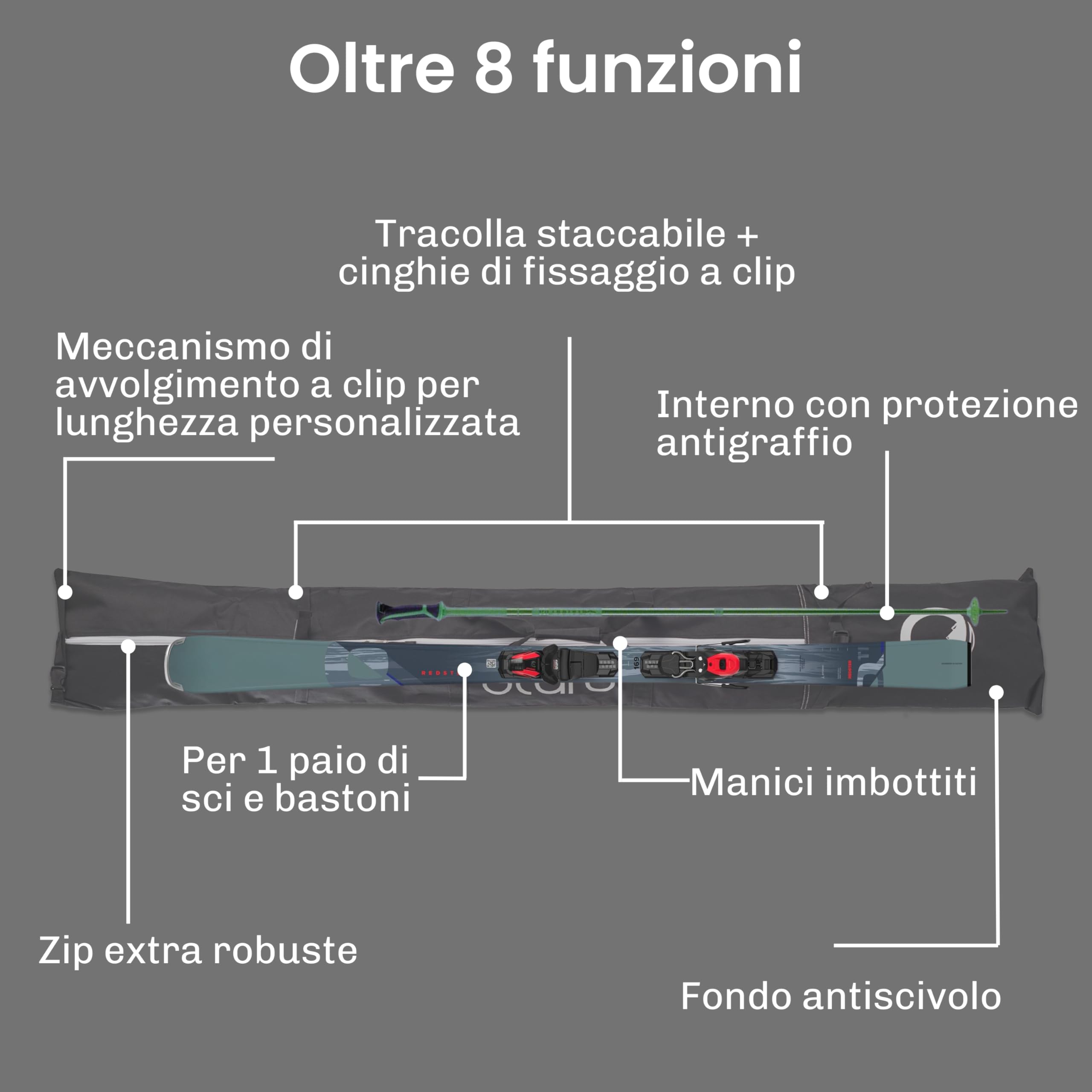 Otaro Sacca Sci Premium - Borsa per Sci e Bastoncini Con Tracolla Removibile (Disponibile Anche per 2 Paia)