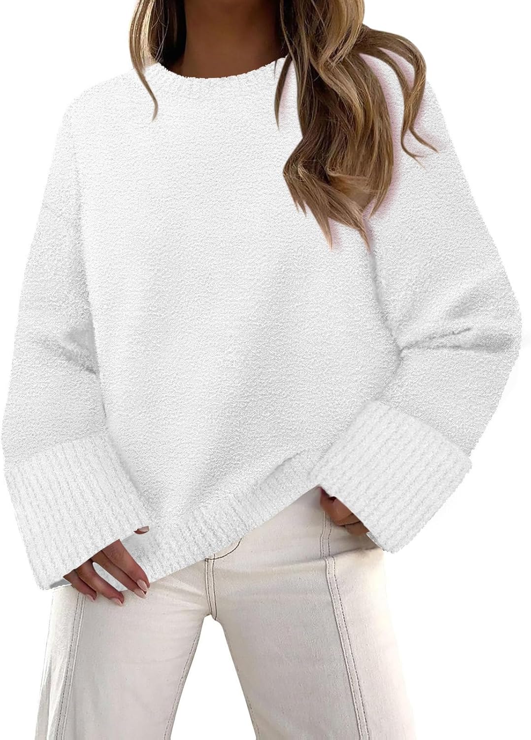 Women's Fuzzy Knit Sweaters Trendy Crewneck Pullover Tops Fall Winter Fashion Outfits