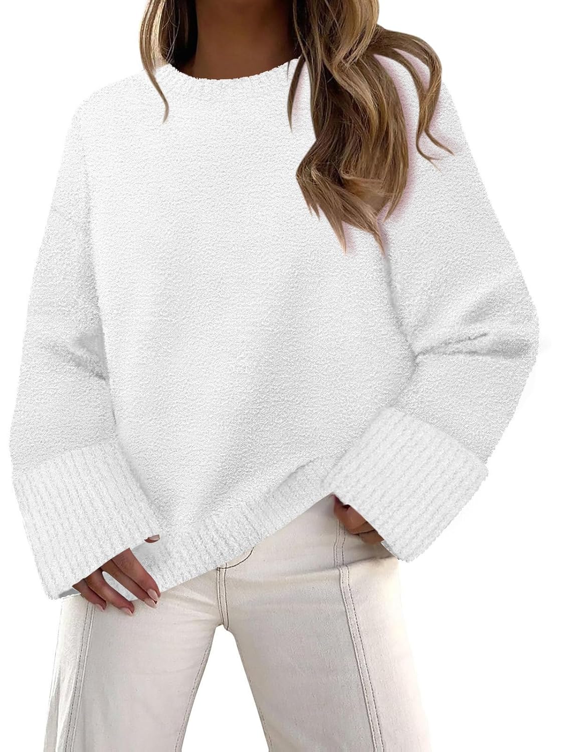 Womens Fuzzy Knit Sweaters Trendy Crewneck Pullover Tops Fall Winter Fashion Outfits