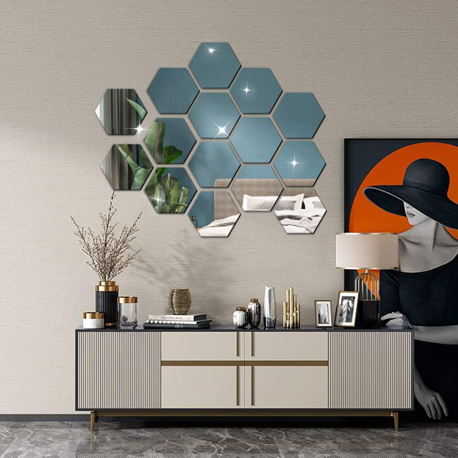 E EVENLIM 12 Pieces Hexagon Acrylic Mirrors 3D Wall Decor Tile Sticker, Silver Wall Decals for Bedroom Living Dining Bath Room Decorations Aesthetic for Teen Girls boy (7.9''x6.7''x4'')…
