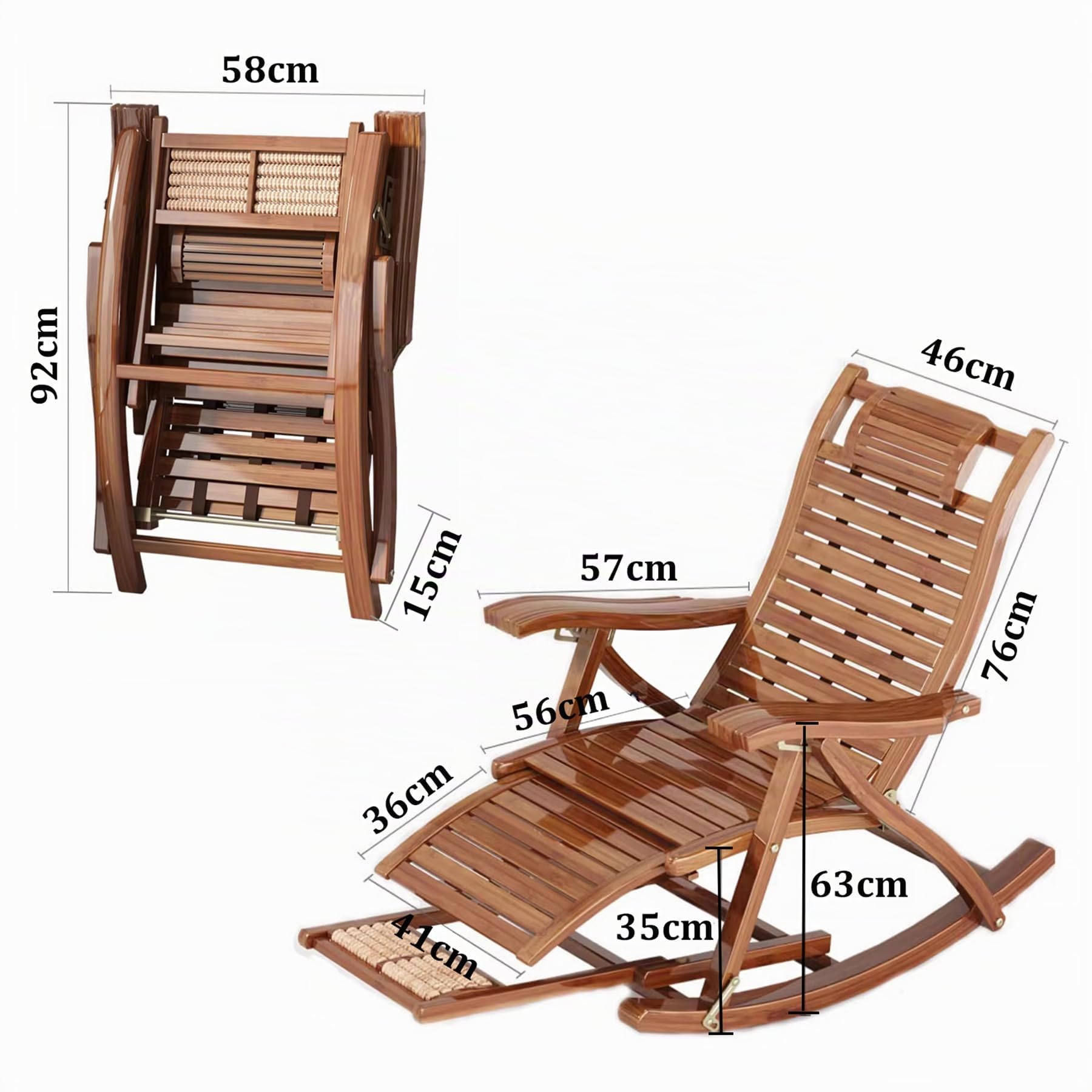 Tumbona de Madera Mecedora, Tumbona de Jardín Silla Reclinable Ajustable de 5 Posiciones con Reposapiés Extraíble, Sillón de Ocio al Aire Libre para Balcón Terraza, con Cojín