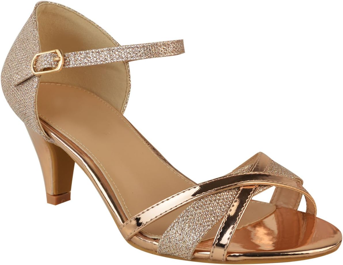 Fashion ThirstyHeelberry Womens Ladies Low Heel Wedding Bridal Silver Sandals Party Strappy Shoes Open Toe