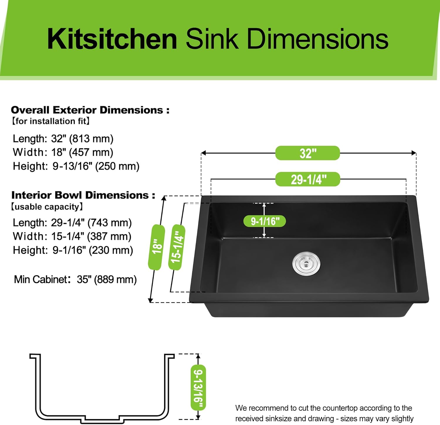 Kitsitchen 32 Inch Large Black Undermount Kitchen Sink, Black Granite Composite Kitchen Sink with A Stainless Steel Sink Drain Assembly & Sink Bottom Gird, 9" Depth Quartz Stone Kitchen Sink