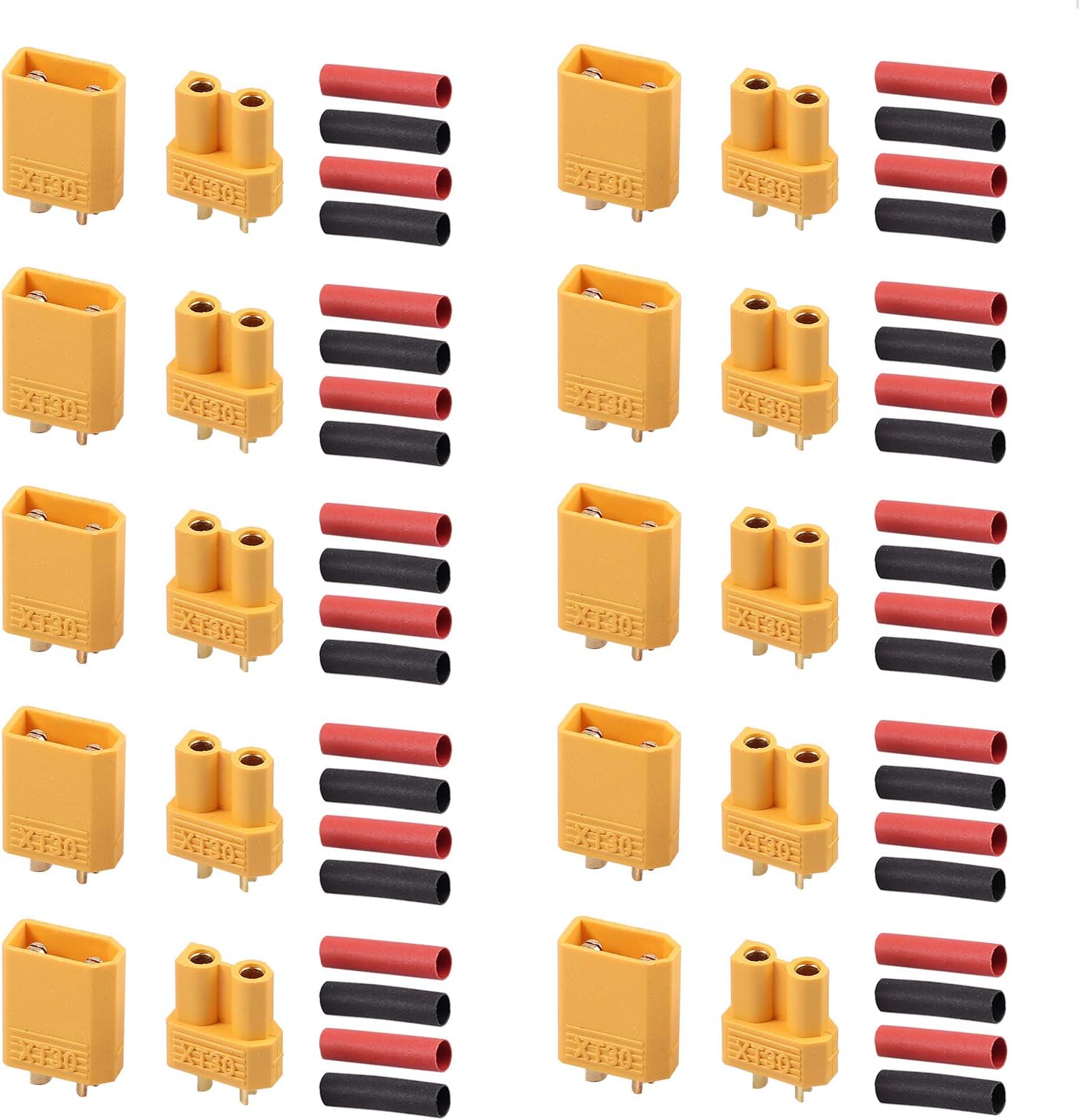 AUTOUTLET 20PCS 10Pairs XT30 Bullet Connectors Plugs Male & Female with Heat Shrink for RC Car/Boat/LiPo Battery