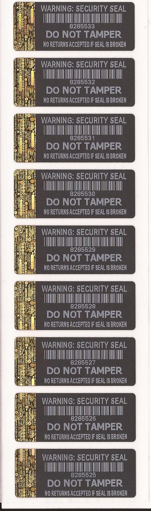 Attenzione sigillo di sicurezza nero a prova di manomissione etichette di sicurezza con Gold Hologram strip to Short Edge x 500 ciascuno con numero di serie unico