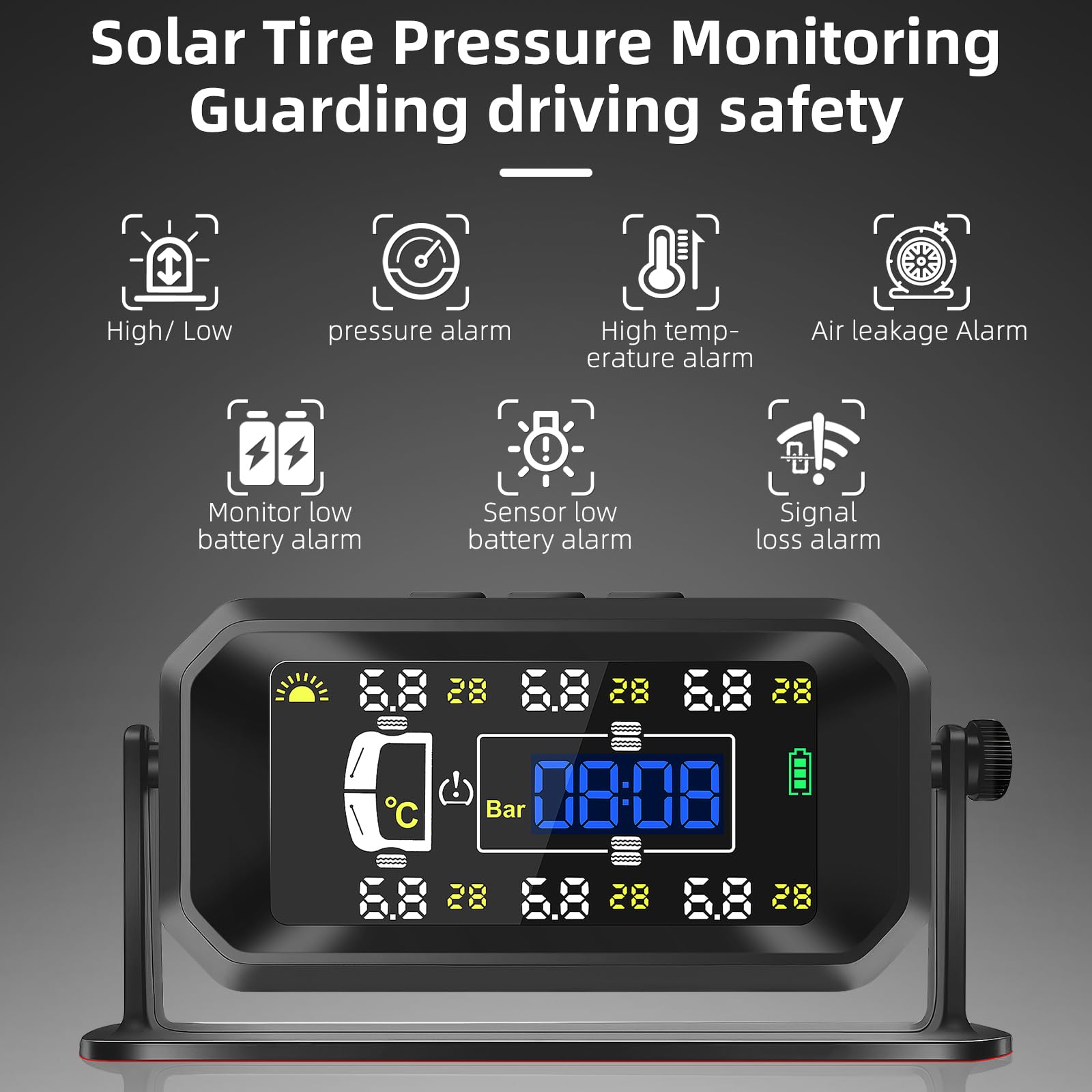 TPMS Sistema Monitoreo Presión Neumáticos, 6 Sensores, 8bar/116psi, Carga Solar/USB, para Vehículos Pesados/Caravanas/Autocares (Versión Mejorada Comercial)