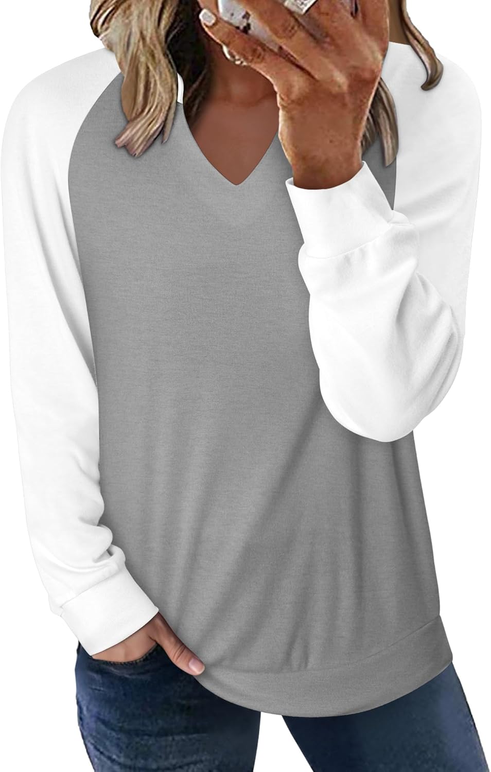 Angerella Womens Long Sleeve Shirts Casual V Neck Sweatshirts Loose Fit Lightweight Pullover Tops - Image 2